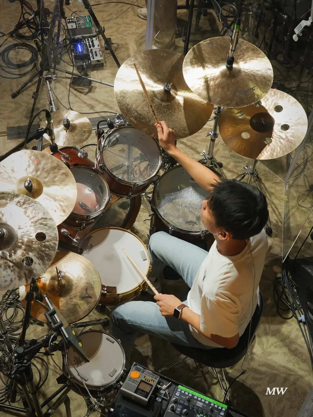 A drummer playing, seen from above