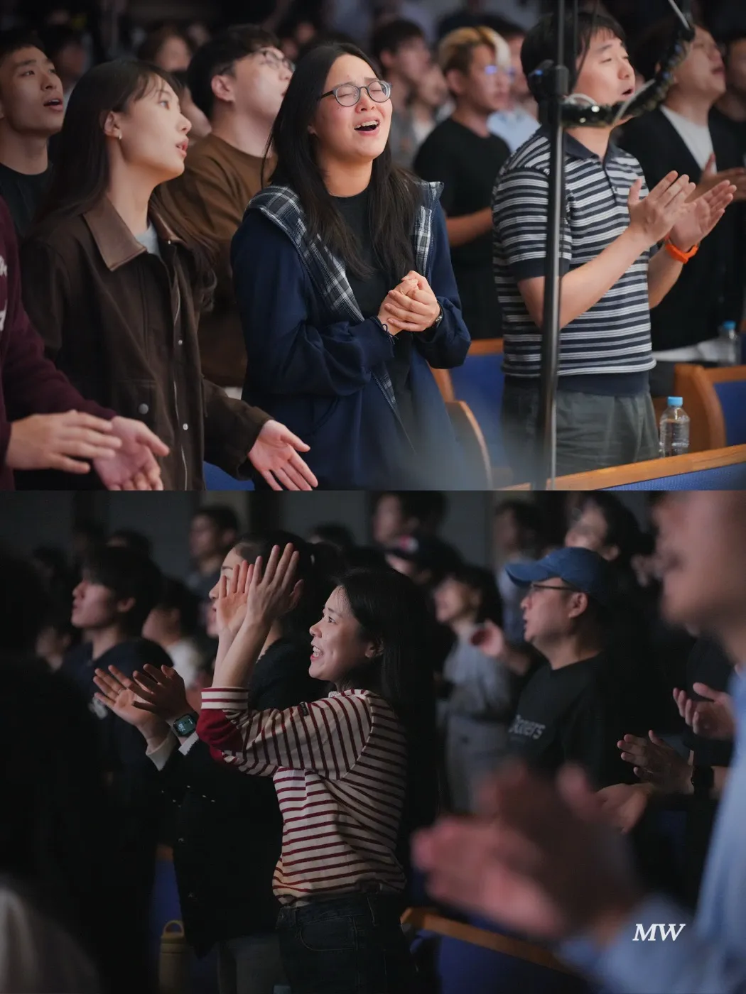 The congregation smiling and clapping in praise